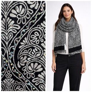 SKY Cashmere Pashmina Scarf Black White Paisley Embellished Sparkle Formal